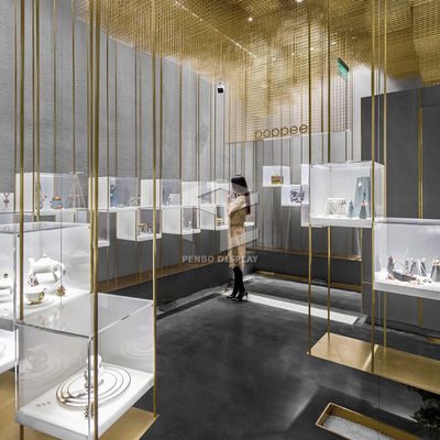 3D Rendering Jewelry Shop Furniture 10mm Thick Glass Jewellery Showroom Furniture Counter
