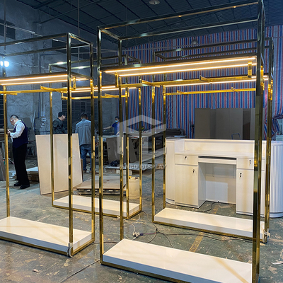 Golden Luminous Clothing Diplay Stand For Garment Shop Furniture